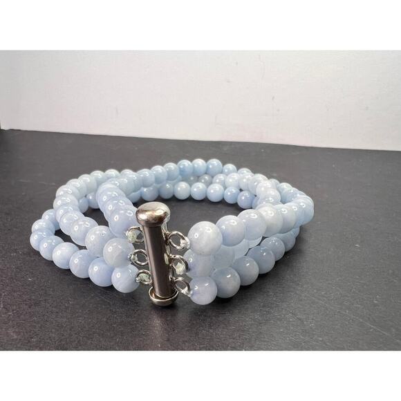 NEW Triple strand beaded aquamarine bracelet with sterling silver slide clasp - Picture 1 of 10